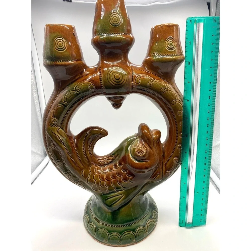 Vtg Majolica Fish Ceramic Candelabra Skopinskaya‎ Mid Century Set of 2 Folk Art